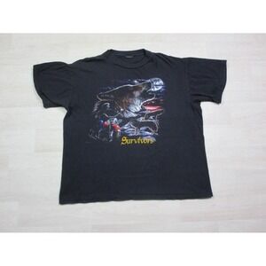 VTG 90s 3D Emblem Survivors Wolf Motorcycle Single Stitch (XL) T Shirt Black HD